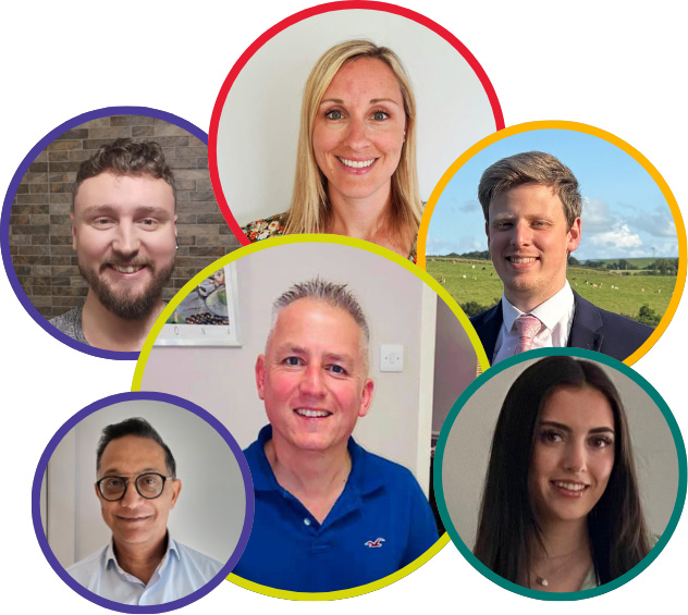 Six teachers with coloured circles around them